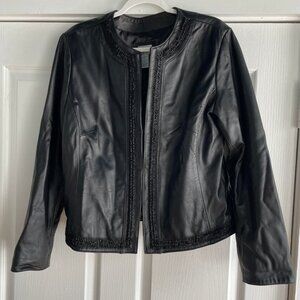 Chico's Black Leather Jacket, Beaded Trim - Size 2 / US M
